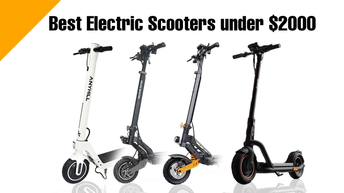 budget electric bikes standing side by side with white background