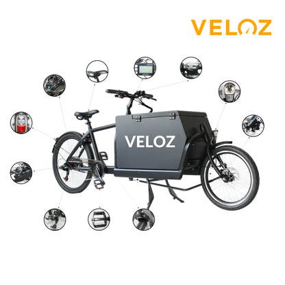 image of veloz electric cargo bike with feature images