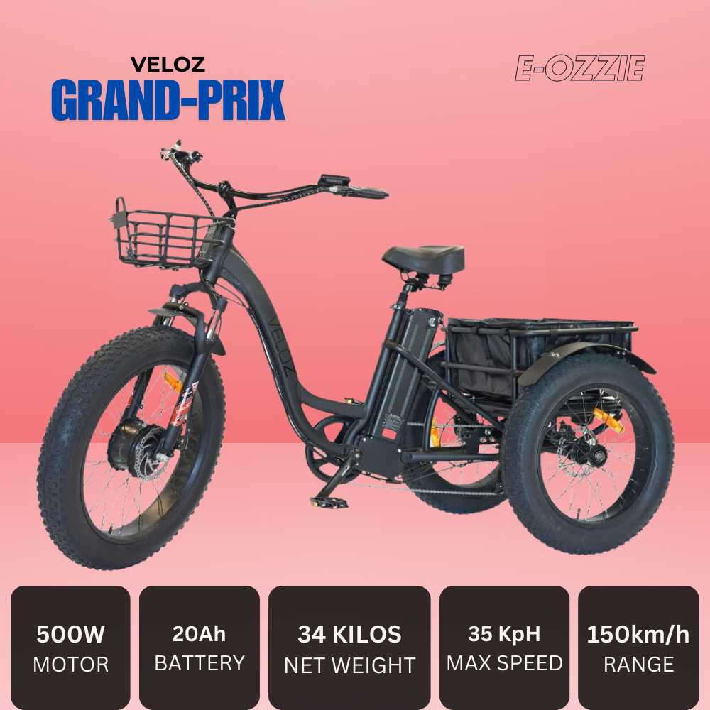 Veloz Grand-Prix Electric Trike Bike 500-750W Motor 120 Km Autonomy 20Ah Samsung Battery 150+ Kilos weight load 6 Months Free Service