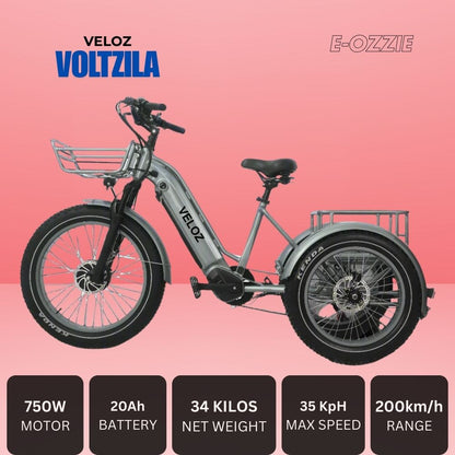 Veloz VOLTZILA Electric Trike Bike 500-750W Motor 150 Km Autonomy 20Ah Samsung Battery 200+ Kilos weight load 6 Months Free Service