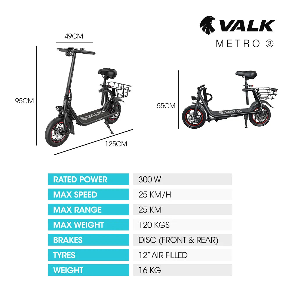 VALK BasketBolt Electric Scooter with Seat, Disc brakes, 12" Tyres, Motorised eScooter 6 Months Free Service