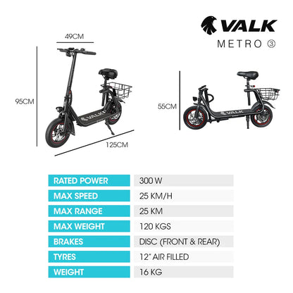 VALK BasketBolt Electric Scooter with Seat, Disc brakes, 12" Tyres, Motorised eScooter 6 Months Free Service