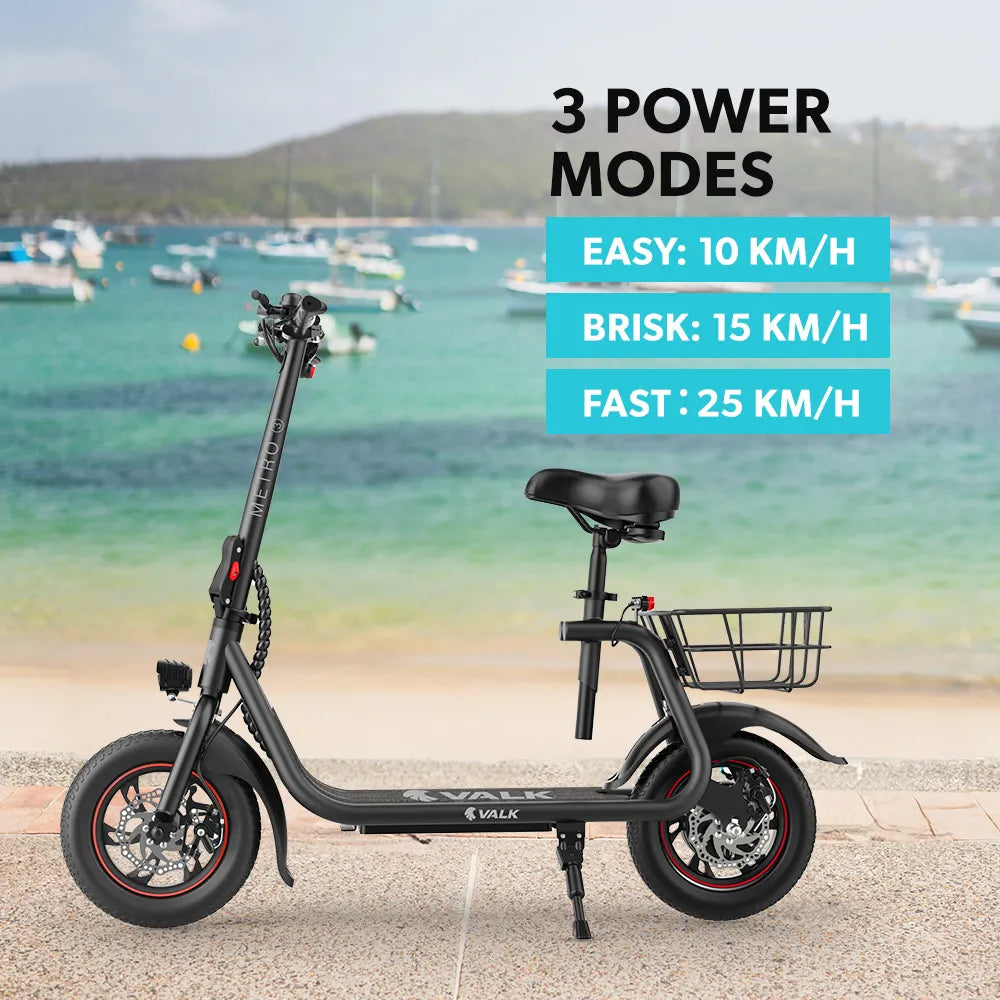 VALK BasketBolt Electric Scooter with Seat, Disc brakes, 12" Tyres, Motorised eScooter 6 Months Free Service