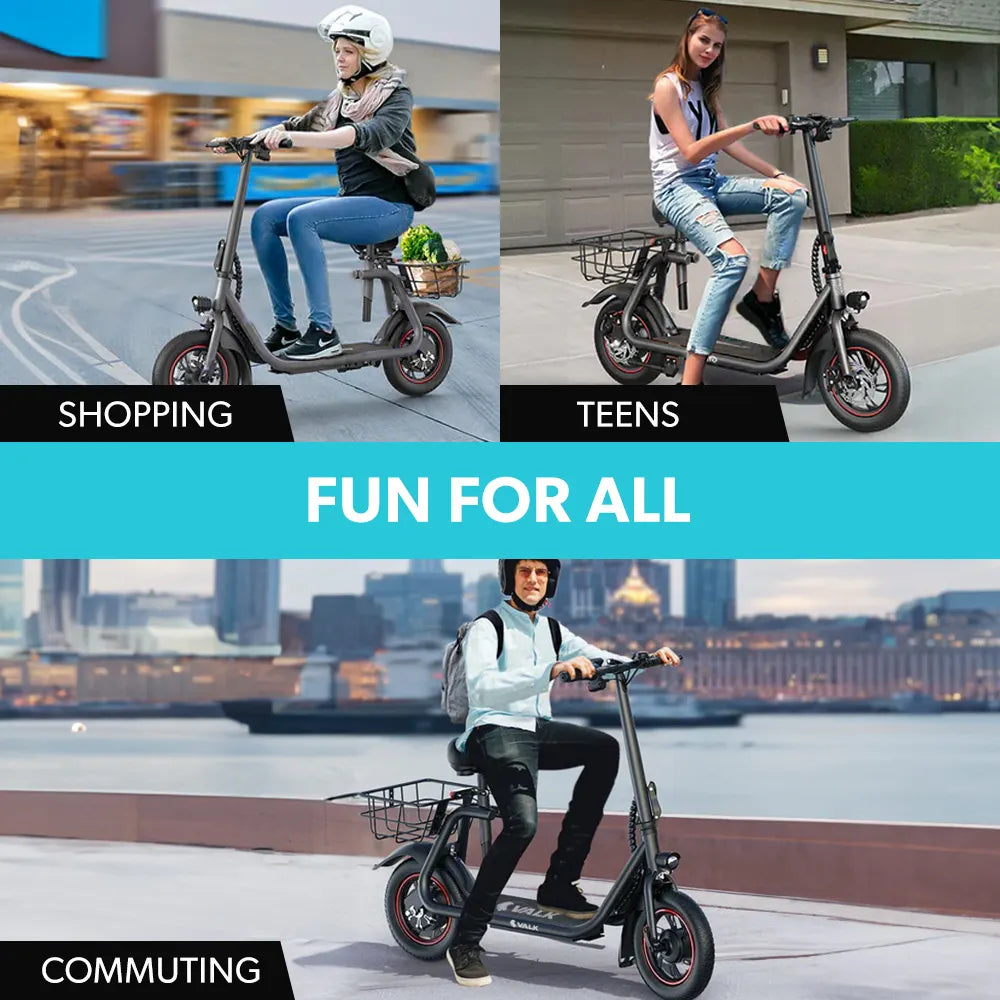 VALK BasketBolt Electric Scooter with Seat, Disc brakes, 12" Tyres, Motorised eScooter 6 Months Free Service