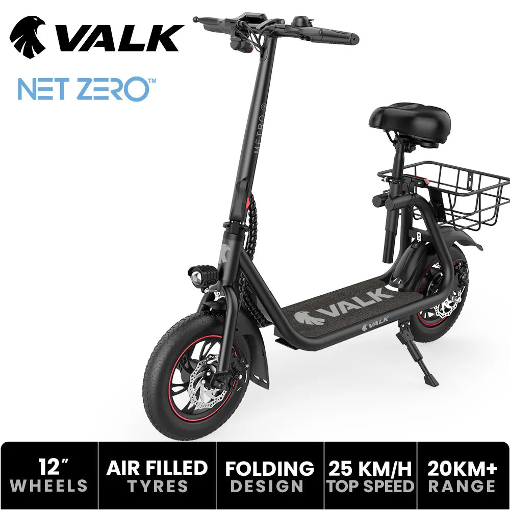 VALK BasketBolt Electric Scooter with Seat, Disc brakes, 12" Tyres, Motorised eScooter 6 Months Free Service