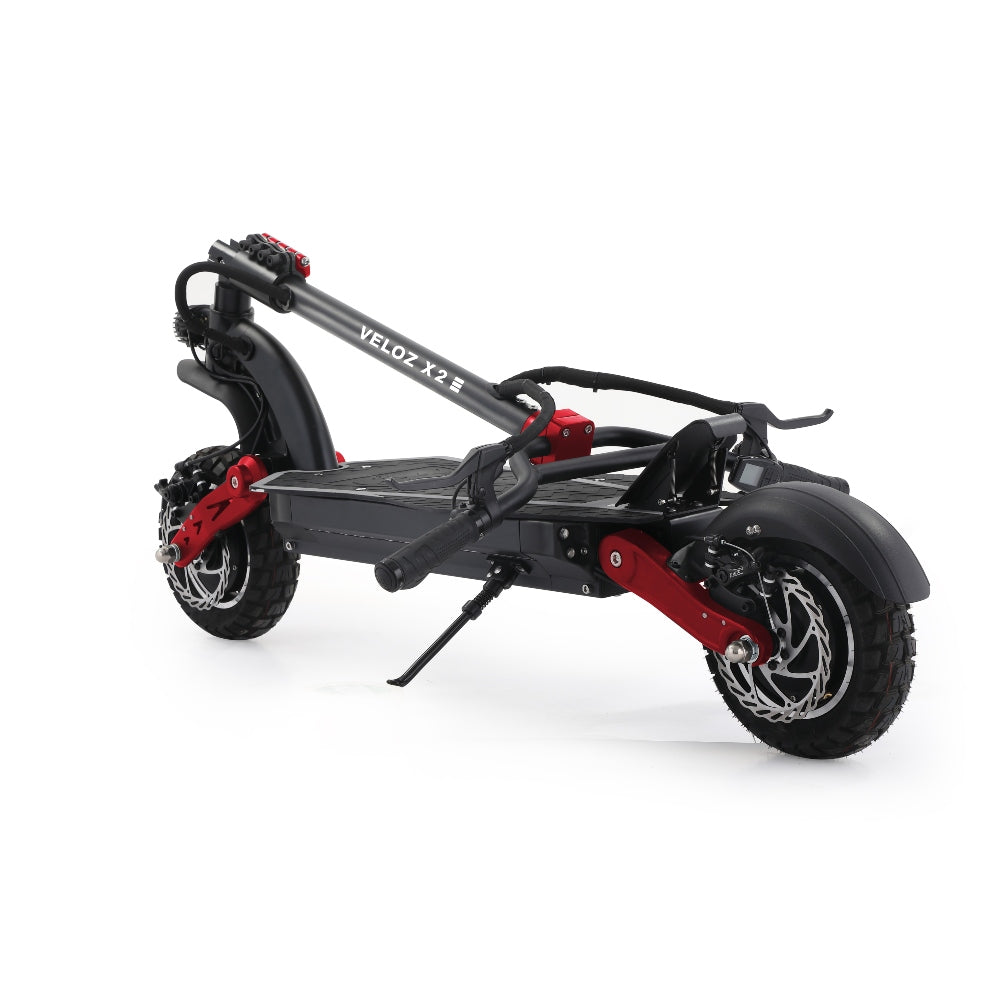 folded veloz x2 electric scooter in black and red colour