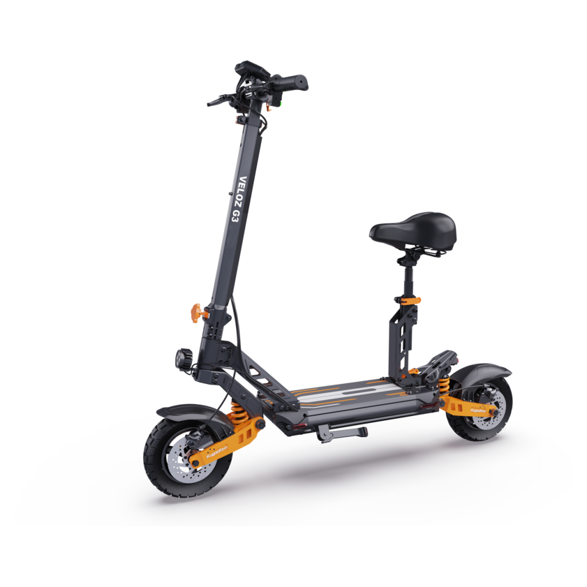 veloz g3 electric scooter with seat on in black and orange colour